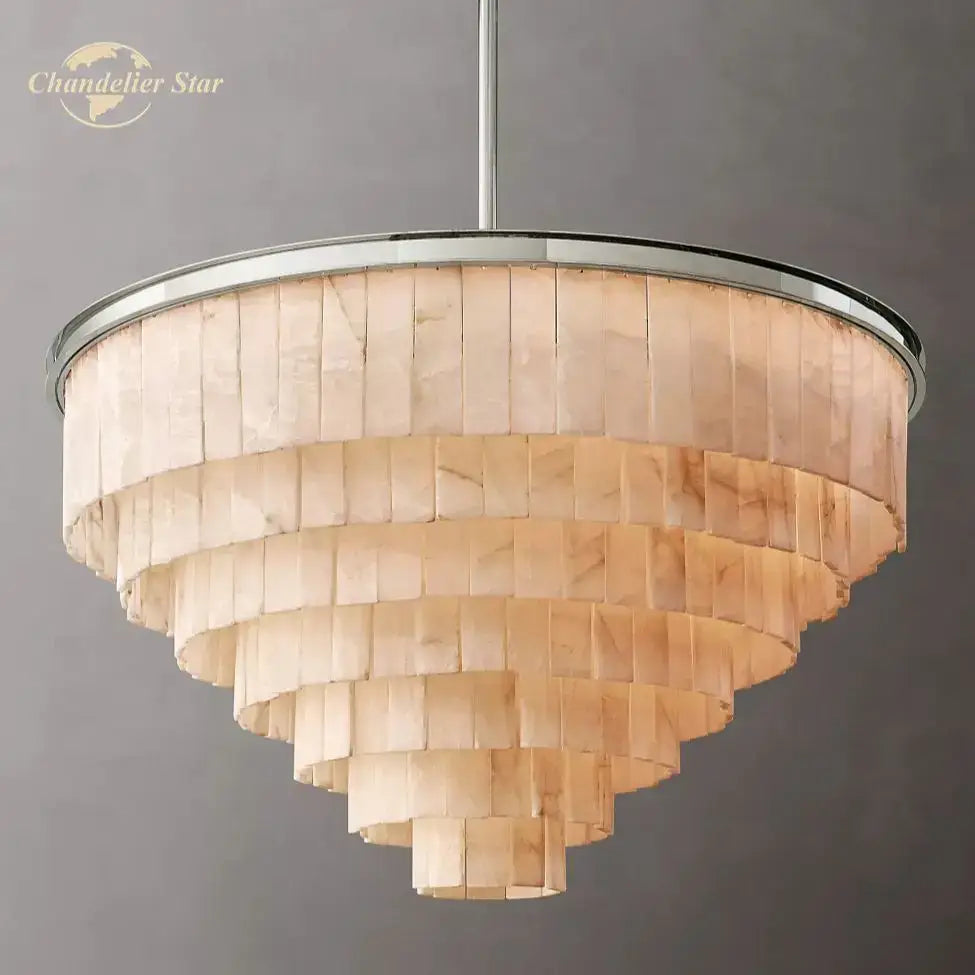 Beige marble led round glace chandelier with polished chrome rim and rod for dining room contemporary lighting