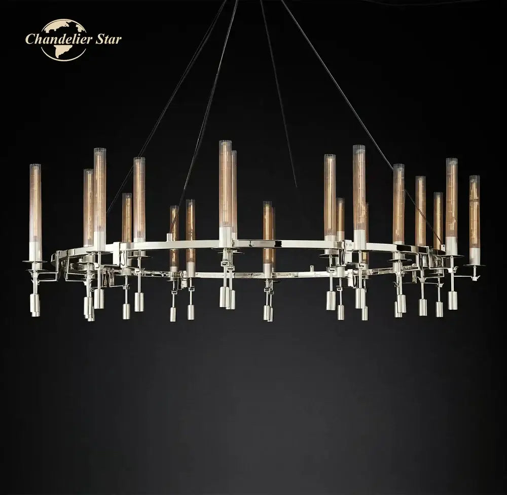 Modern decorbites led round glass chandelier with chrome frame and warm-toned cylinders for living dining room lighting