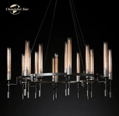Industrial-style decorbites led round glass chandelier with dark metal frame and warm filament bulbs for living dining room lighting