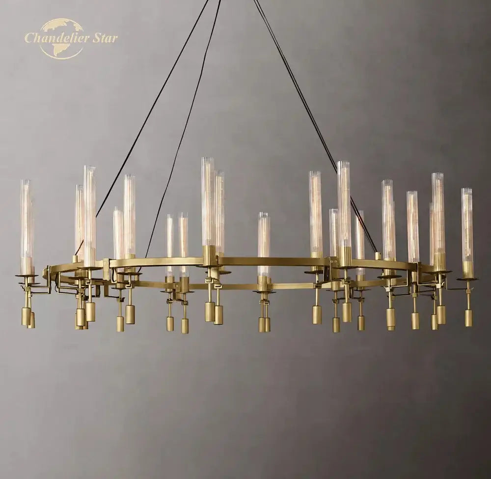 Gold-toned decorbites led round glass chandelier with cylindrical shades and circular metal frame for living dining room lighting