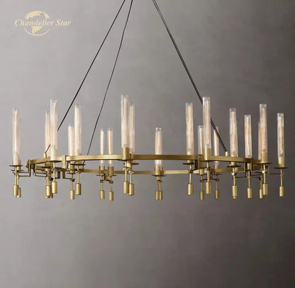 Gold-toned decorbites led round glass chandelier with cylindrical shades and circular metal frame for living dining room lighting