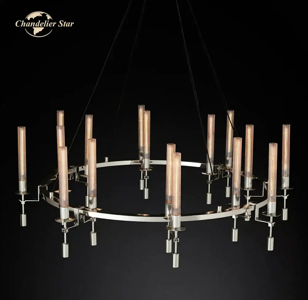 DecorBites led round glass chandelier with sleek chrome frame and warm candle bulbs for living dining room lighting