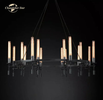 Industrial-style DecorBites LED round black metal chandelier with glowing filament bulbs for living dining lighting