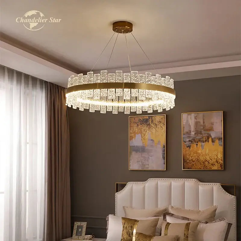 Decorbites led round glass chandelier featuring gold-toned stainless steel and crystal cylinders for bedroom and living room