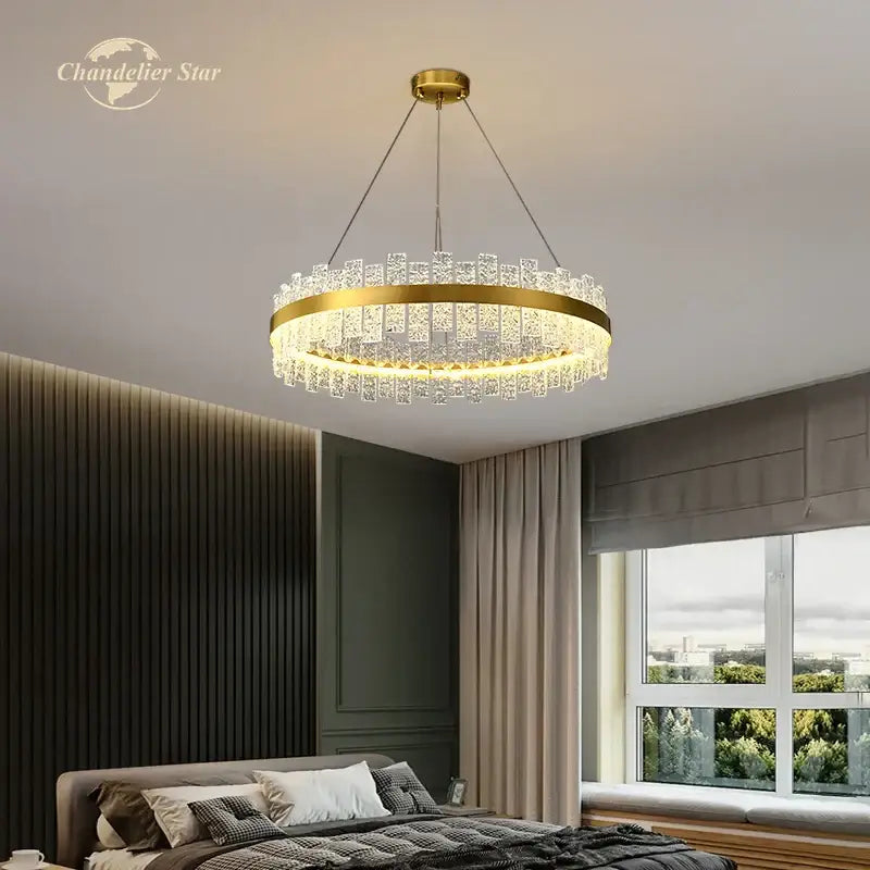 Decorbites led round gold-toned round glass chandelier with clear crystal accents stainless steel for bedroom lighting