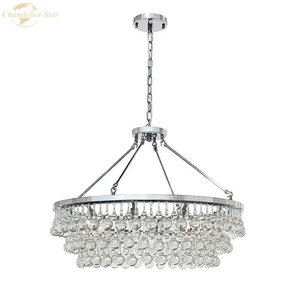 Chrome-finished decorbites led round pendant lights with cascading clear faceted crystal droplets for modern living rooms