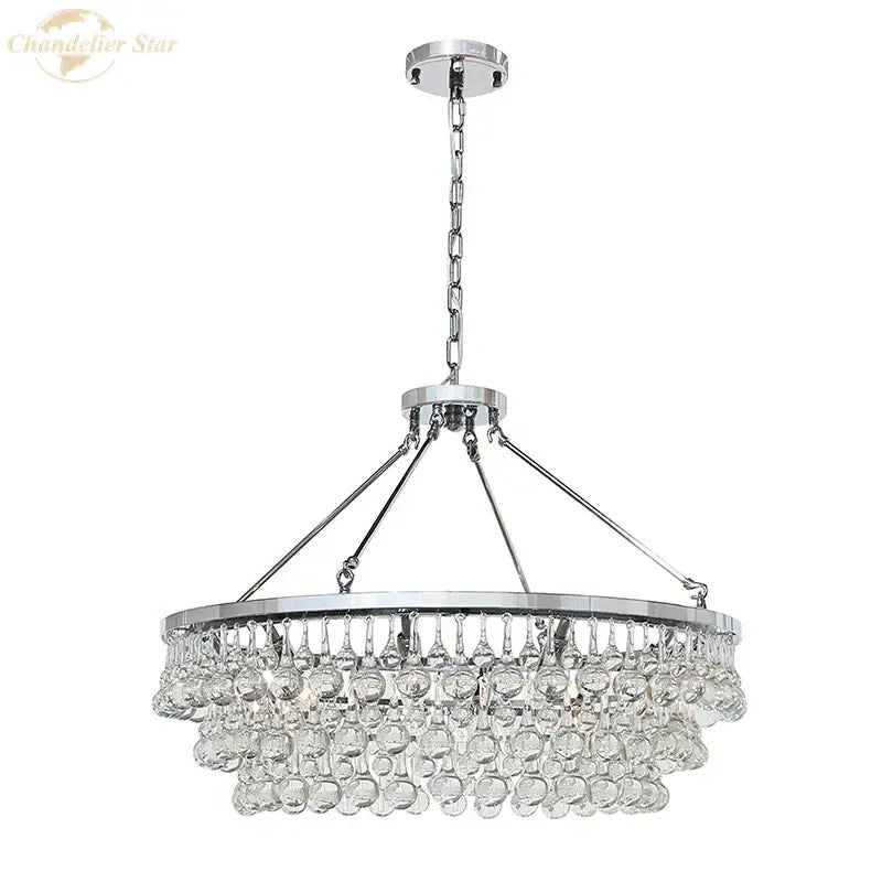 Chrome-finished decorbites led round pendant lights with cascading clear faceted crystal droplets for modern living rooms
