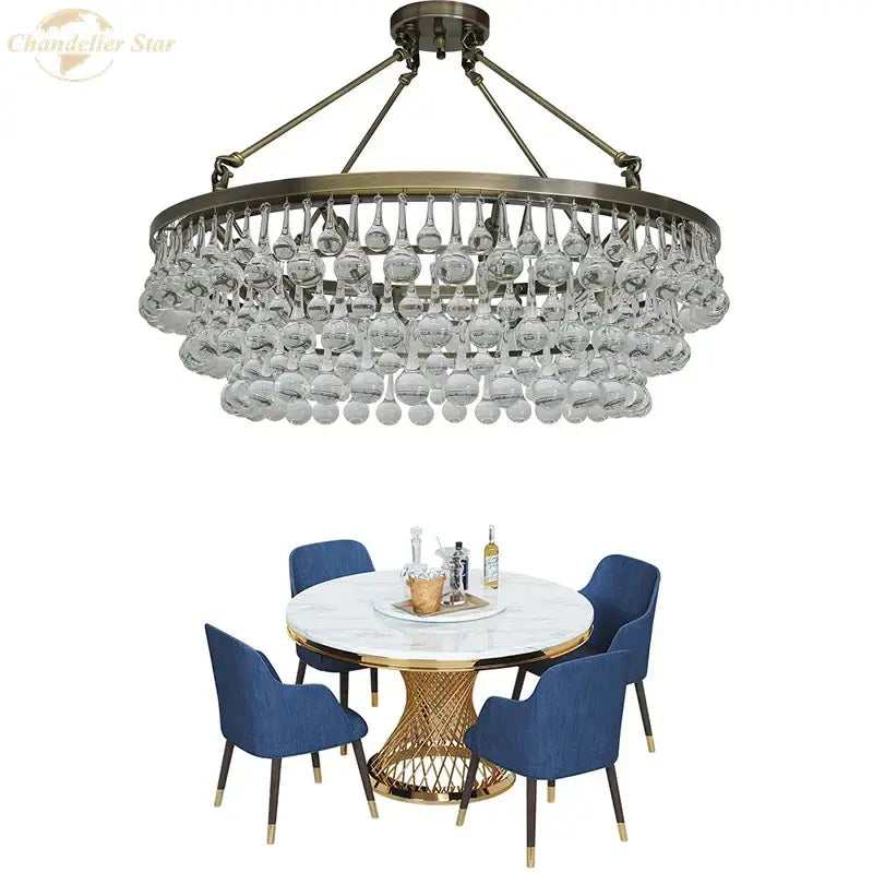 Brass-finished decorbites led round glass chandelier pendant lights with clear crystal wine glasses in modern living design