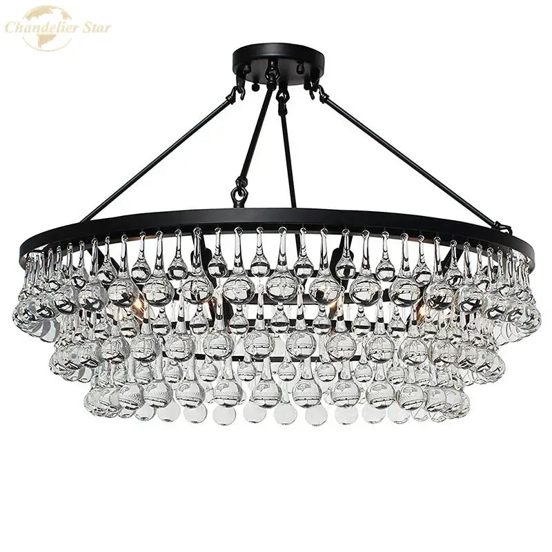 Black metal decorbites led round glass chandelier with multiple tiers of clear crystal pendant lights for modern living