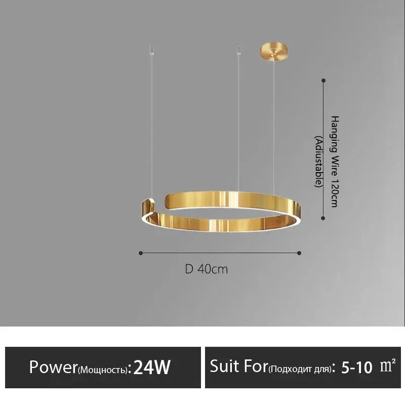 A sleek gold decorbites led round ring chandelier with minimalist design and adjustable hanging wire for modern interiors