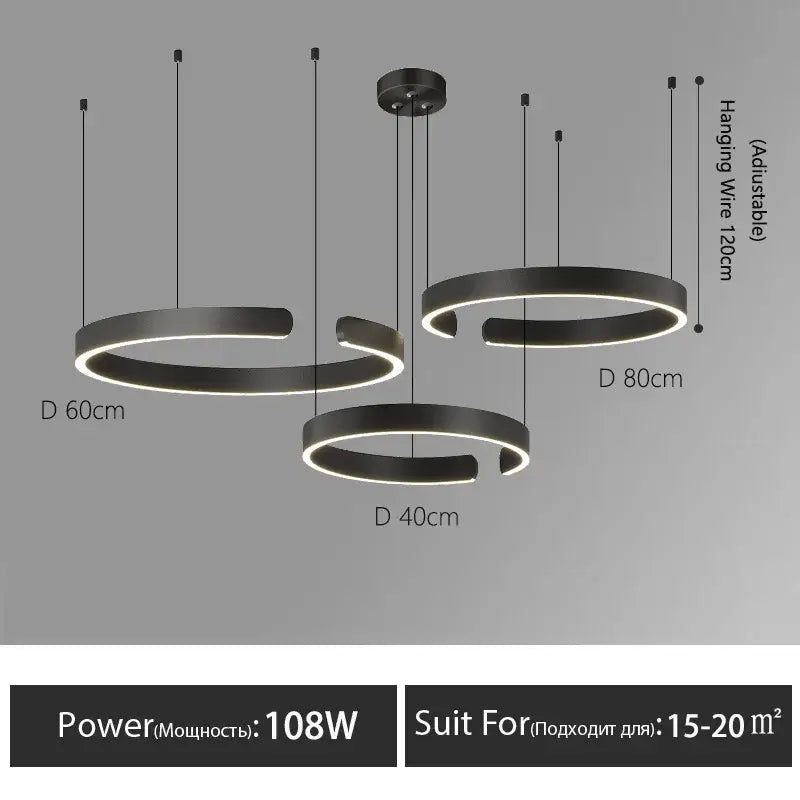 Decorbites led round black circular led round ring chandelier with adjustable hanging wires for dining room lighting