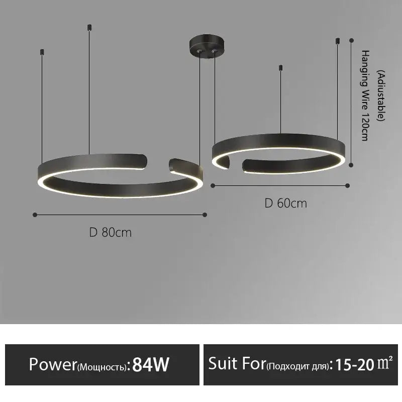 Modern black circular DecorBites led round ring chandelier with minimalist design and adjustable hanging wire for indoor use