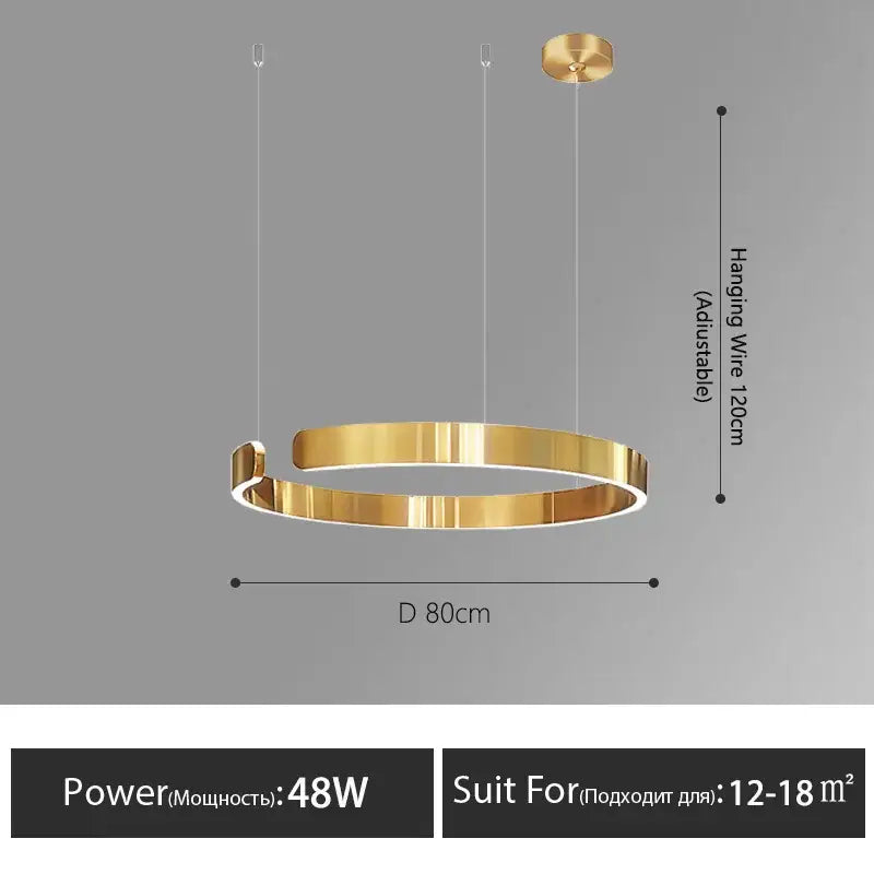 A sleek decorbites led round ring chandelier with polished gold finish and adjustable wire for dining and living rooms
