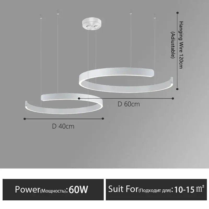 Modern white decorbites led round chandelier with two concentric curved rings suspended by adjustable wires for living spaces
