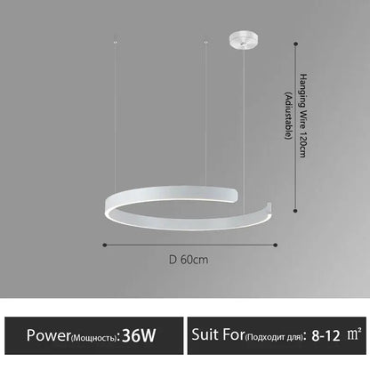 Modern white decorbites led round ring chandelier with sleek curved design and adjustable hanging wire for dining room