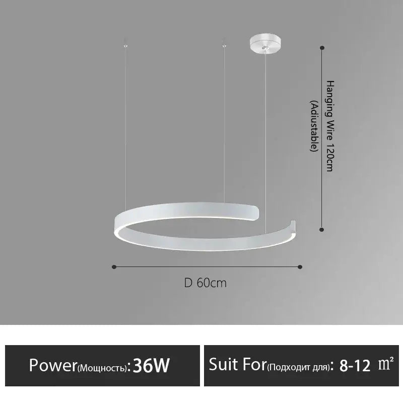 Modern white decorbites led round ring chandelier with sleek curved design and adjustable hanging wire for dining room