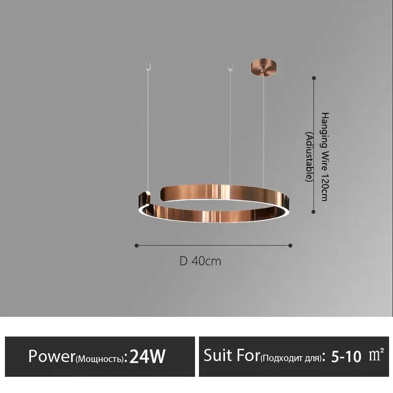 Copper-colored DecorBites LED round ring chandelier with sleek modern design and adjustable hanging wire for dining room