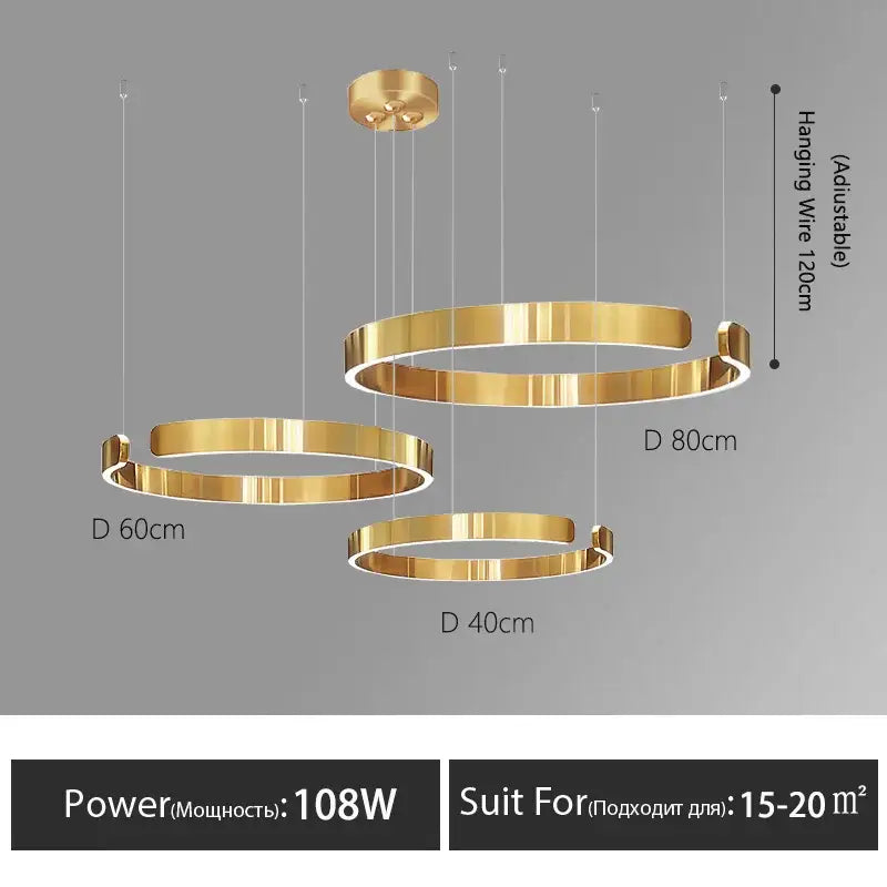 Modern gold-toned decorbites led round ring chandelier with adjustable wire for dining room living room and bedroom lighting
