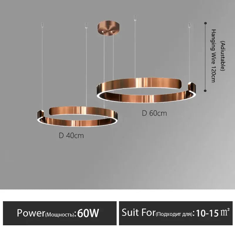 Copper-colored DecorBites LED round circular pendant lights with adjustable hanging wires for dining and living rooms