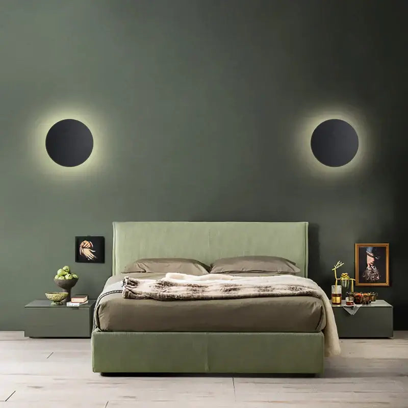 Modern sage green upholstered bed with matching nightstands and decorbites led round touch wall lamps for bedroom use
