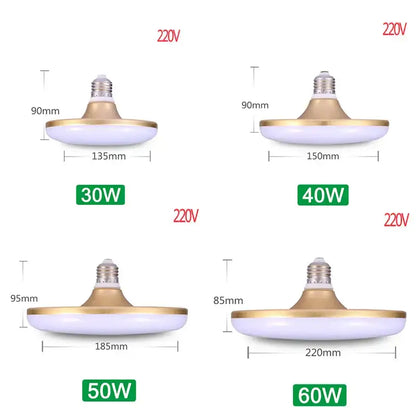 White and gold DecorBites LED round UFO shape ceiling lamp bulbs with varying wattages for bright indoor lighting