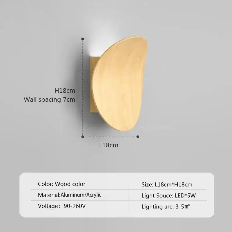 A sleek wood-colored wall lamp with modern crescent design made of aluminum and acrylic by decorbites led round