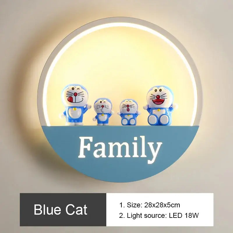 Circular blue and white decorbites led round wall lamp with glowing halo and doraemon figurines for children room lighting