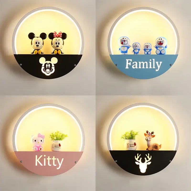 Circular decorbites led round wall lamp with illuminated shelves displaying cartoon figurines in children room