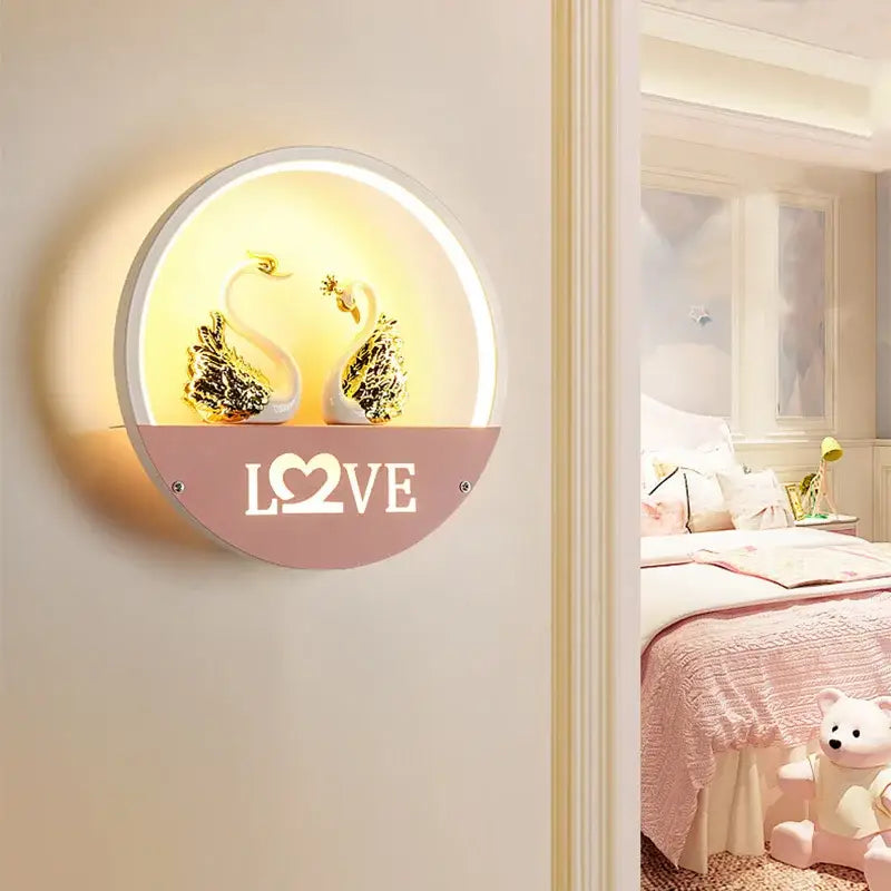 Decorbites led round wall lamp for children room with pink and white led round wall light featuring golden swans and love cutout