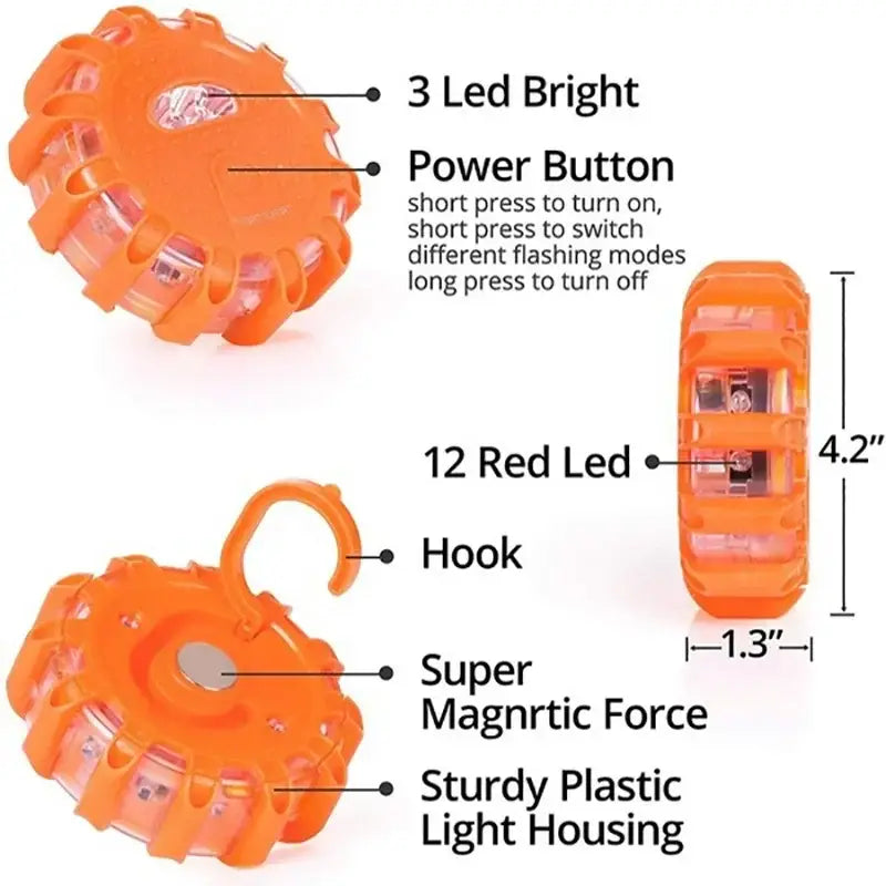 Bright orange circular decorbites led safety flare with sturdy plastic housing and magnetic hook for emergency use