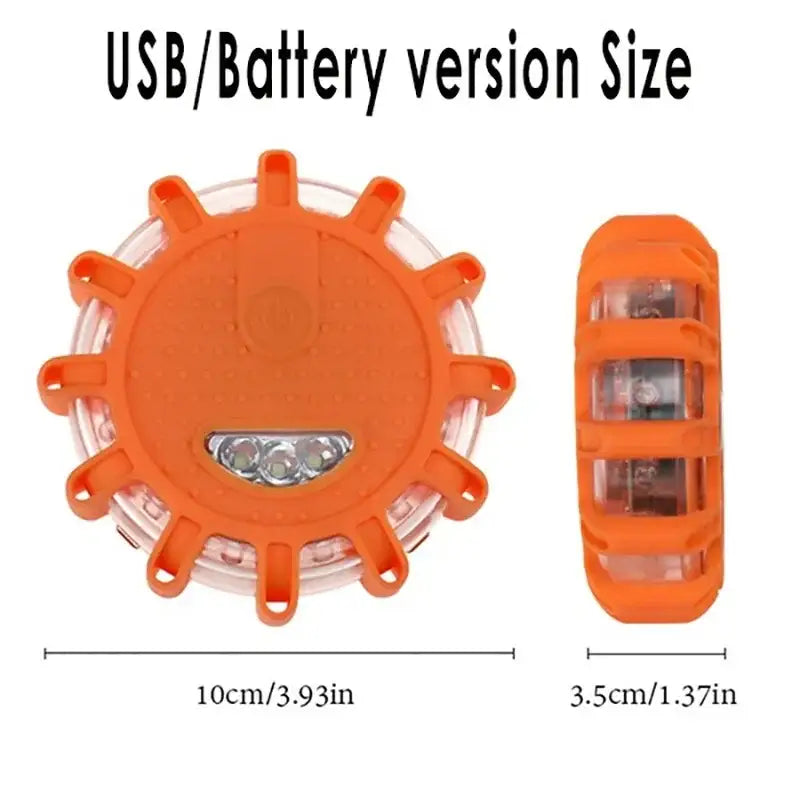 Orange circular decorbites led safety flare with three leds and textured plastic casing for emergency use