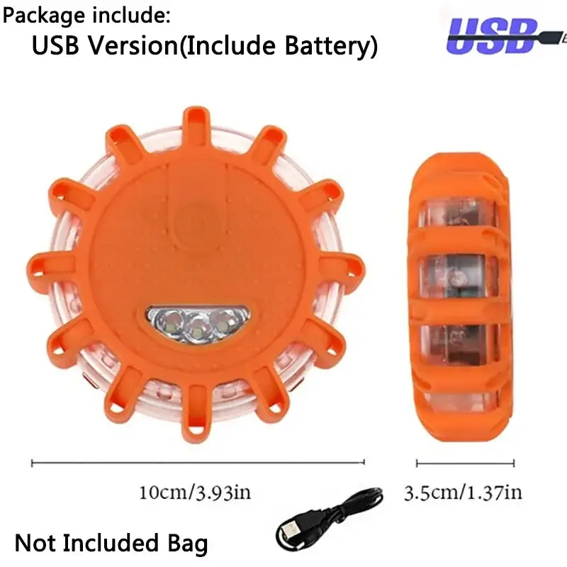 Orange circular decorbites led safety flare with three lights, translucent plastic body, and protective casing