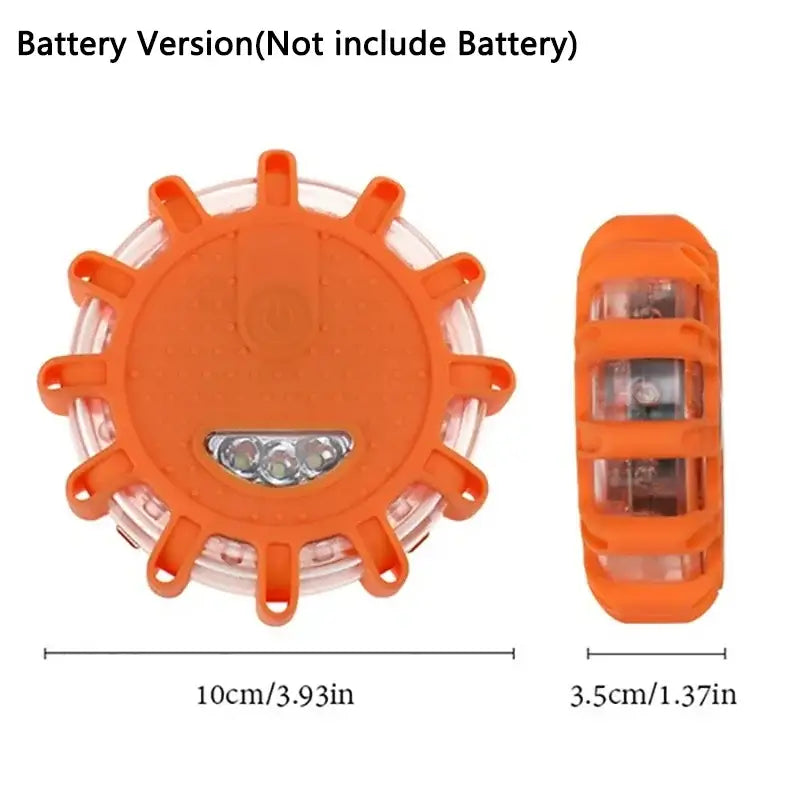 Orange circular battery-powered DecorBites LED safety reflector with three LED lights and transparent central panel