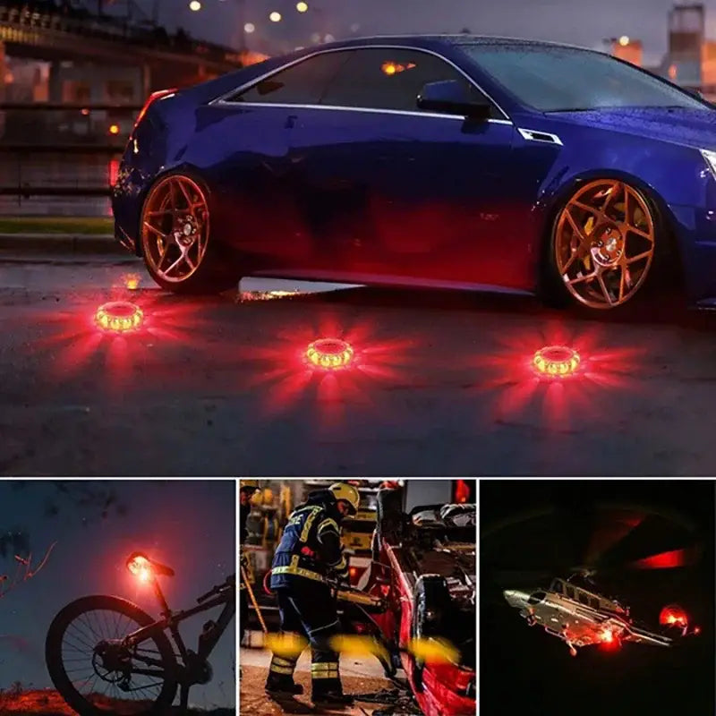 Decorbites led safety flare red circular ground lights with glowing starburst effect for emergency use