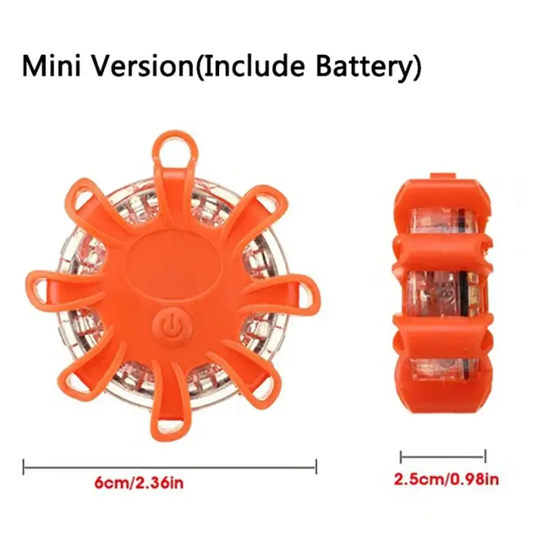 Bright orange compact decorbites led safety flare with sunburst design and integrated battery for emergency use