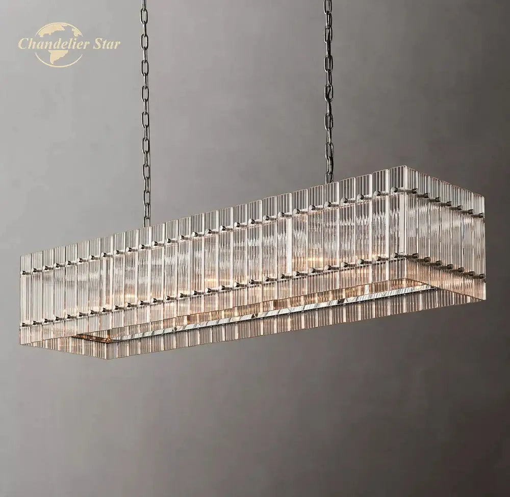Rectangular decorbites led san marco glass chandelier with clear rods and dark metal chains for modern interior lighting
