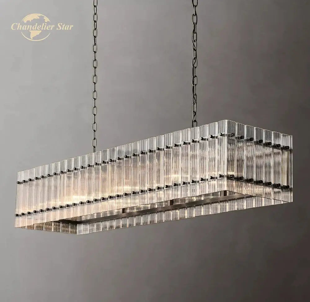 Modern rectangular decorbites led san marco glass chandelier with clear rods and black metal chains for dining room lighting