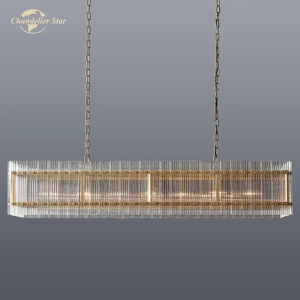 Gold-toned DecorBites LED San Marco glass chandelier with vertical rods and metal frame for modern dining and living rooms