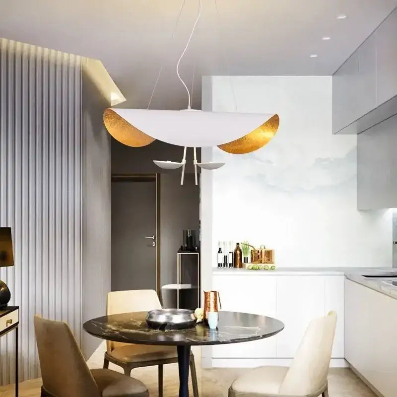 Modern pendant light with white and gold curved metallic arms in decorbites led saucer ceiling chandelier design