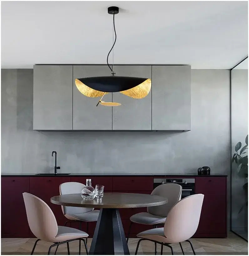 Black and gold leaf-shaped decorbites led saucer pendant light for modern atmospheric living room ceiling illumination