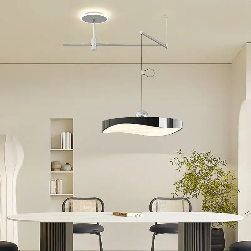 Modern black and chrome decorbites led saucer chandelier with sleek curved design for dining room office and home lighting