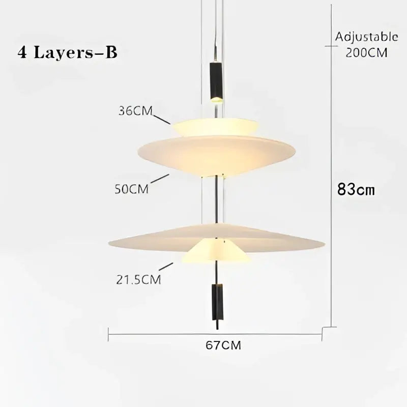 Modern four-tiered led saucer chandelier with sleek matte-finished circular shades and minimalist metal frame for living room