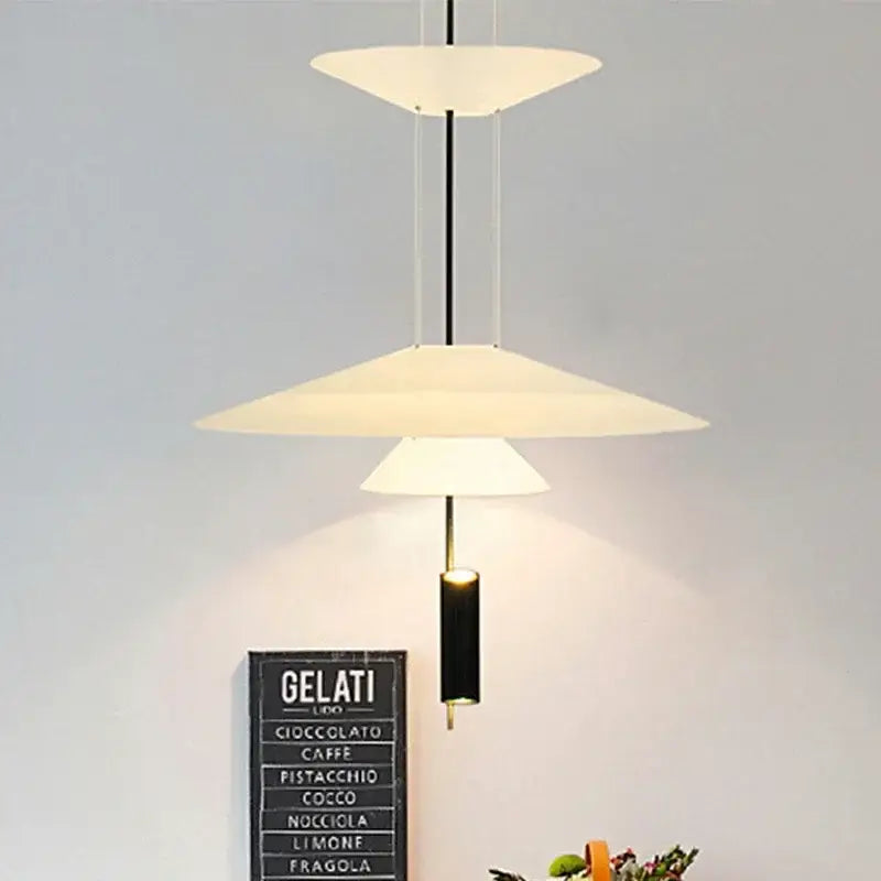 Modern tiered led saucer chandelier with three off-white frosted glass shades suspended by black rods for living room decor