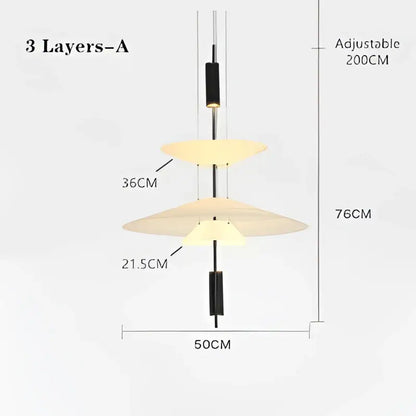 Modern three-tiered led saucer chandelier with black metal frame and warm off-white glass shades for living room decor