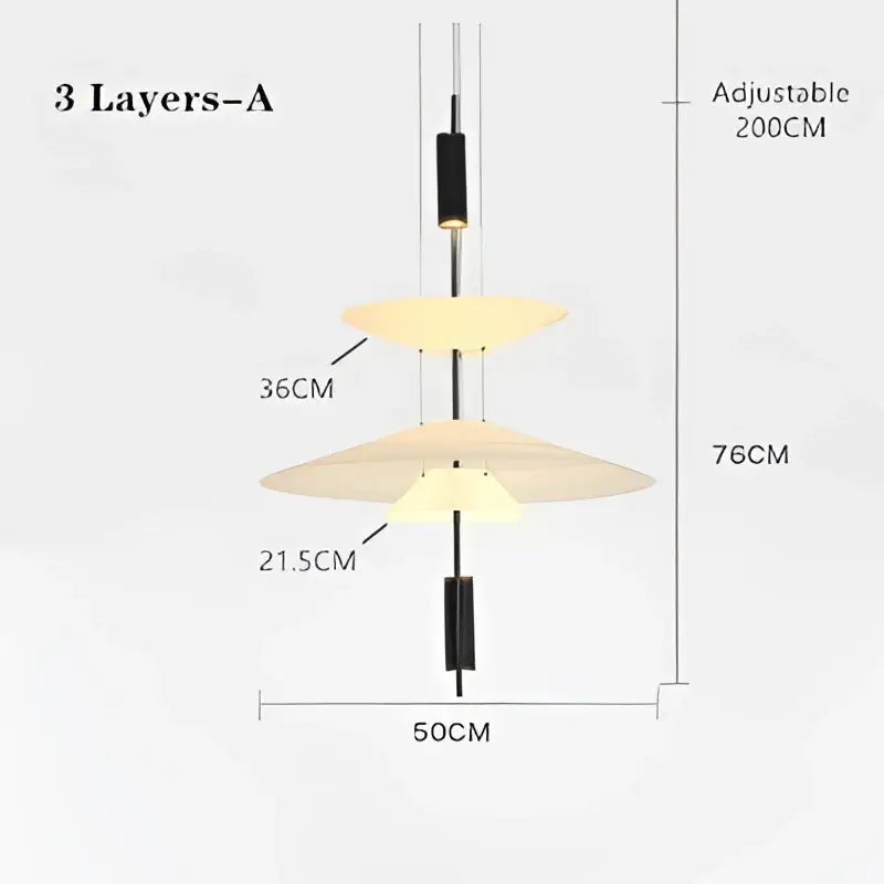 Modern three-tiered led saucer chandelier with black metal frame and warm off-white glass shades for living room decor