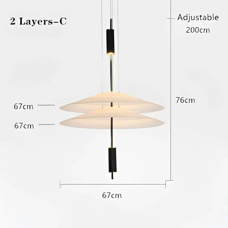 Modern two-tiered DecorBites™ led saucer chandelier with sleek black and matte white disc shades for living room decor