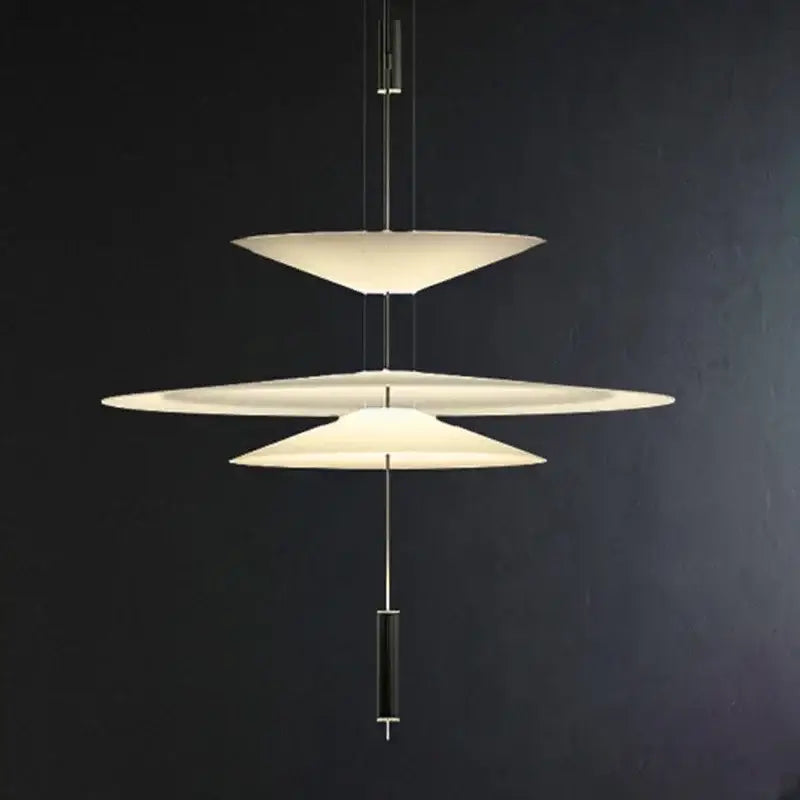 Decorbites led saucer chandelier with three off-white disc shades suspended by metallic rods for modern home decor
