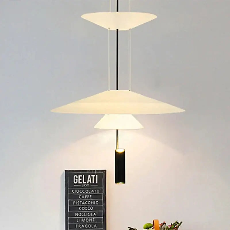 Modern tiered DecorBites LED Saucer pendant light with three frosted glass shades suspended by black rods and cables