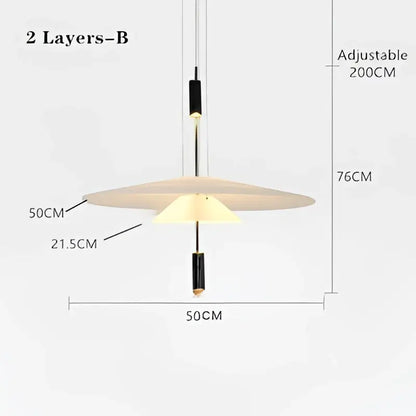 Modern two-tiered decorbites led saucer pendant light in black and cream with adjustable height for versatile living room decor