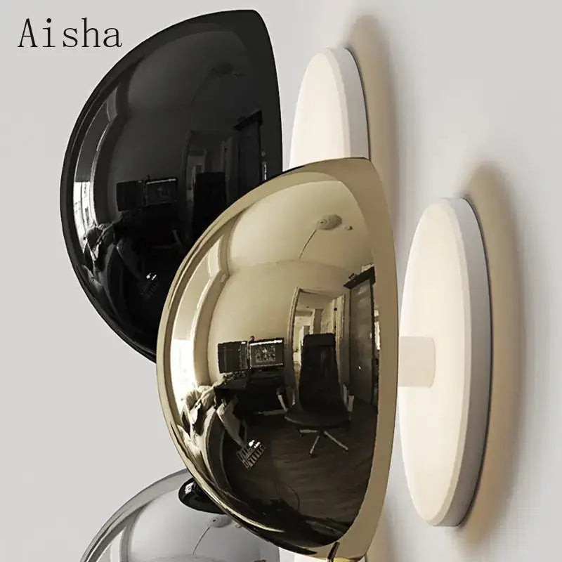 DecorBites led Scandinavian sconce wall lamp with black and gold spherical mirrors on white background for modern decor